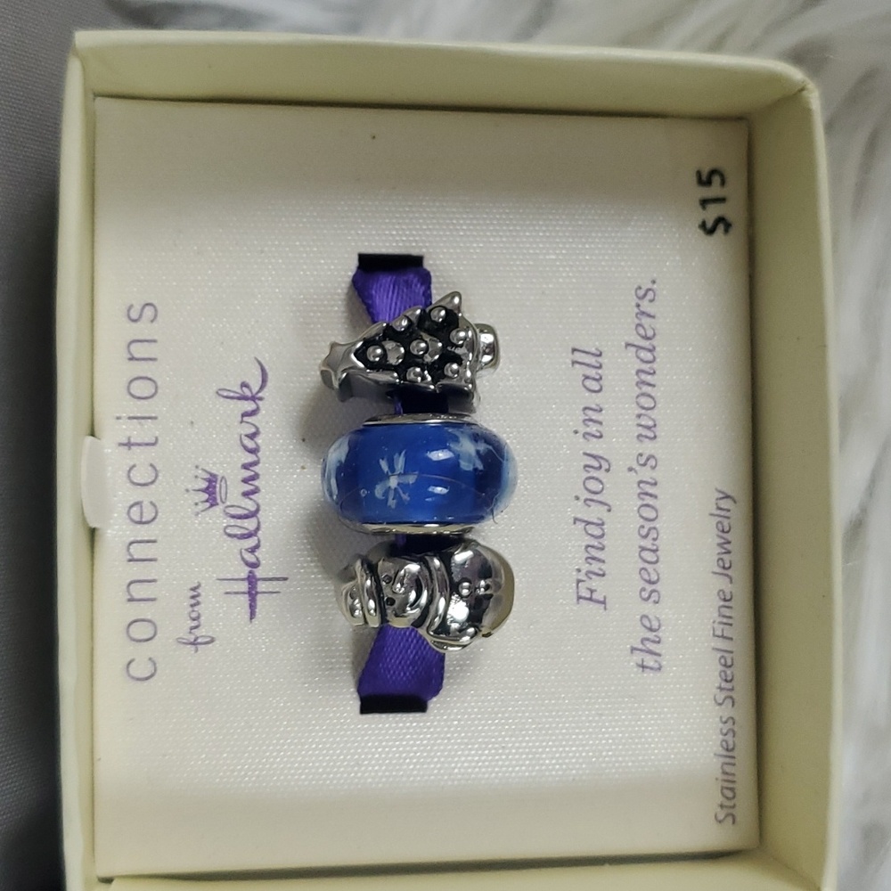 Hallmark Stainless Steel Holiday 3 Pk Tree, Snowman & Blue Glass Bead, NEW - Picture 2 of 4